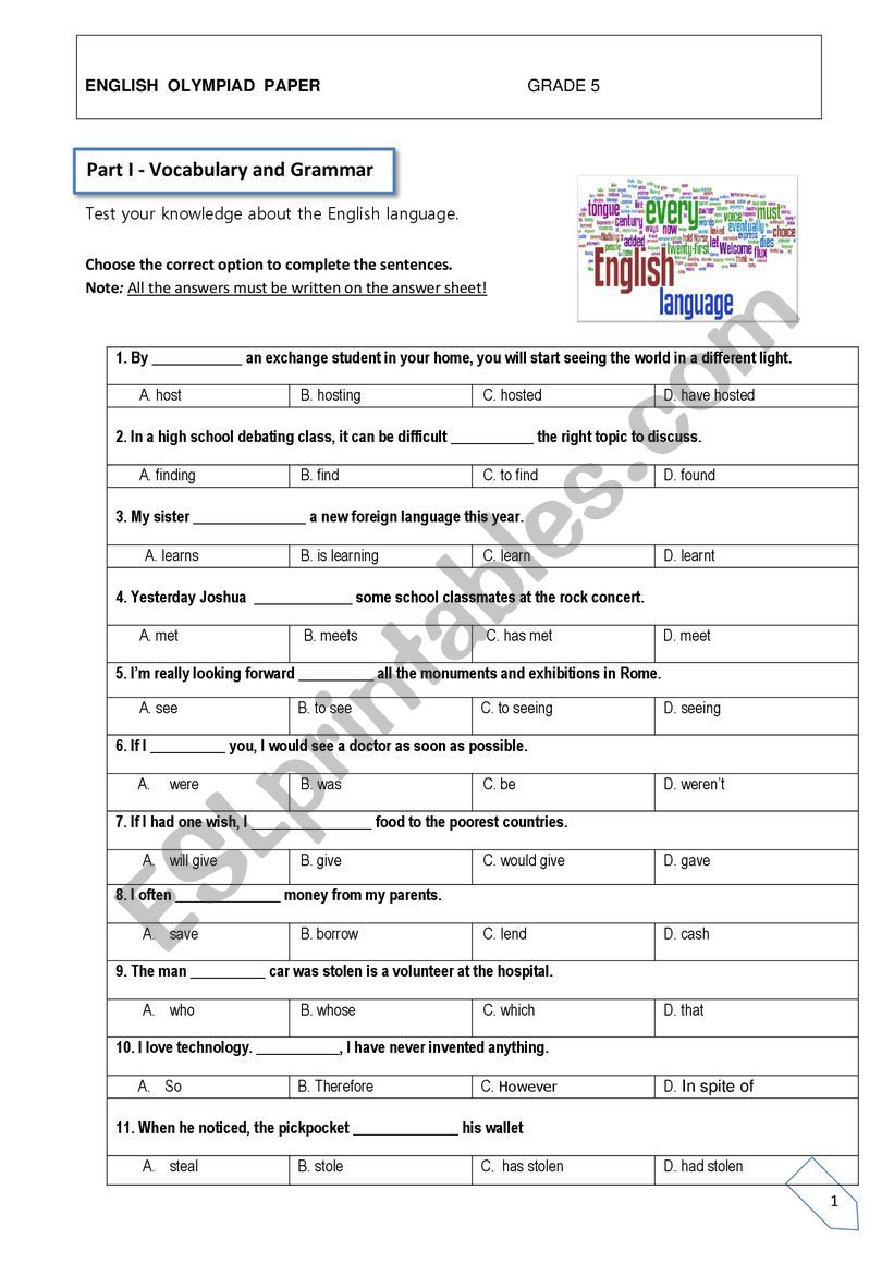 English Olympiad paper - ESL worksheet by lurdes loureiro