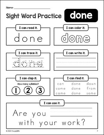 on sight word worksheet