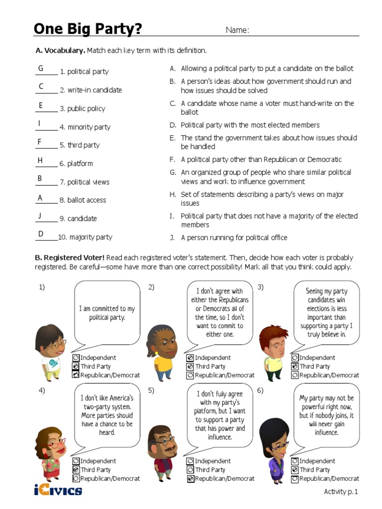 One Big Party Activity Fillable Answers | PDF | Democratic Party ...
