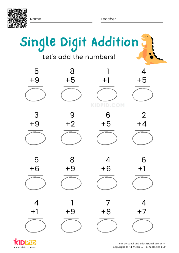Singledigit Addition Math Worksheets & Free Printables Kidpid