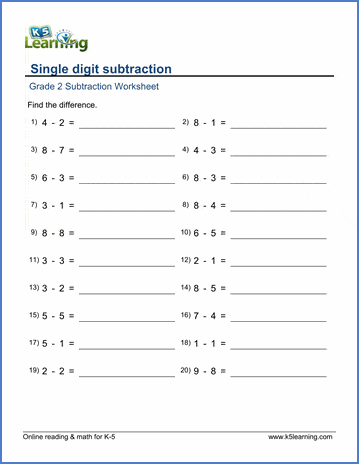 Grade 2 Subtraction Worksheet: Subtracting single digit numbers ...