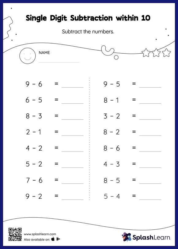one digit subtraction worksheet free