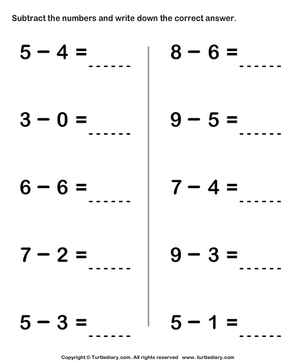 Subtracting Two One Digit Numbers within Ten | Turtle Diary Worksheet