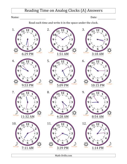 Reading 12 Hour Time on Analog Clocks in 1 Minute Intervals (12 ...