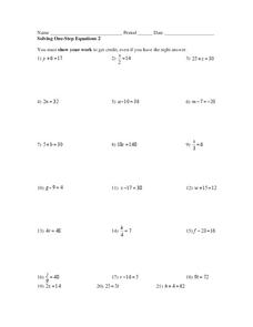 Solving One-Step Equations 2 Worksheet for 8th - 10th Grade ...