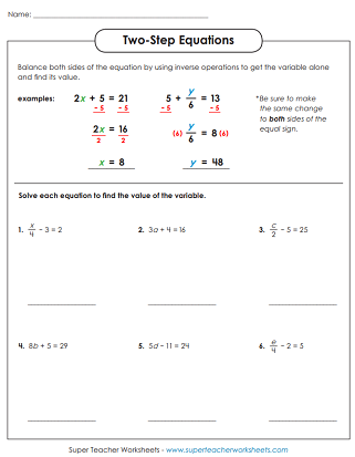 one step and two step equations worksheet