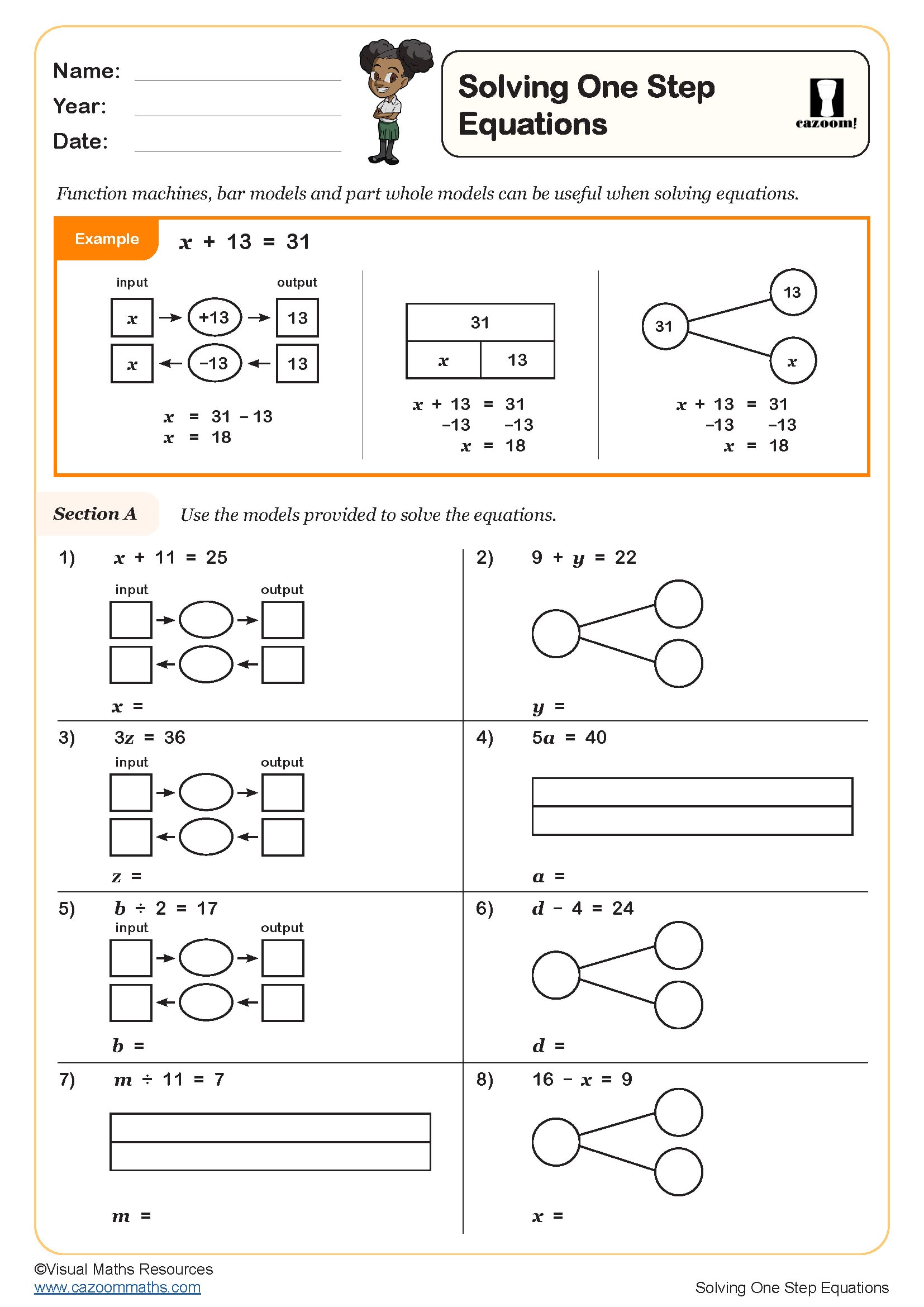 Solving One Step Equations Worksheet PDF printable Algebra Solving One Step Equations Worksheet PDF printable Algebra