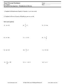 Worksheet: Solving One-Step Equations using Multiplication ...