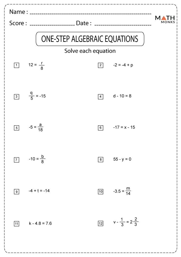 One Step Equations Worksheets - Math Monks