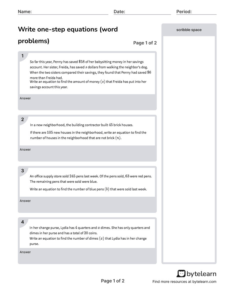 Write One-Step Equations (Word Problems) Worksheets [PDF] (6.EE.A ...
