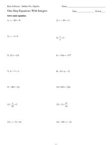 One-Step Equations With Integers Worksheet for 7th - 9th Grade ...