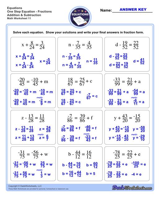 one step equations worksheet 7th grade
