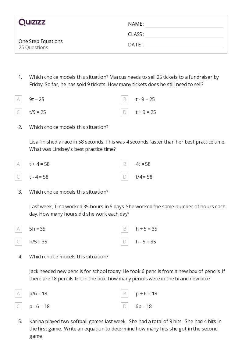 one step equations worksheet 7th grade