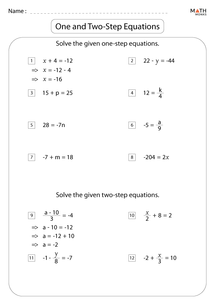 One and Two Step Equations Worksheets - Math Monks