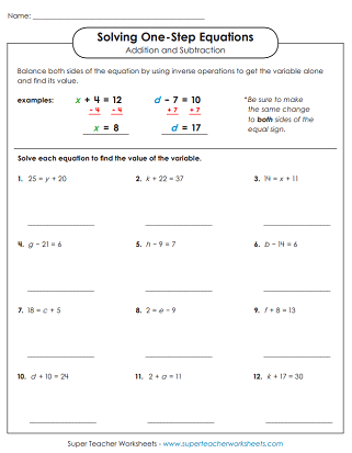 Algebraic Equations (Single Step) - Worksheets