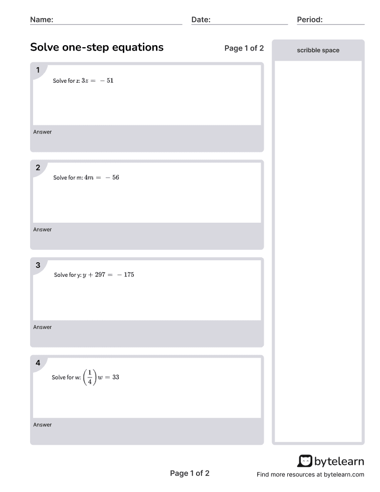 Solve One-Step Equations Worksheets [PDF] (7.EE.B.3): 7th Grade Math
