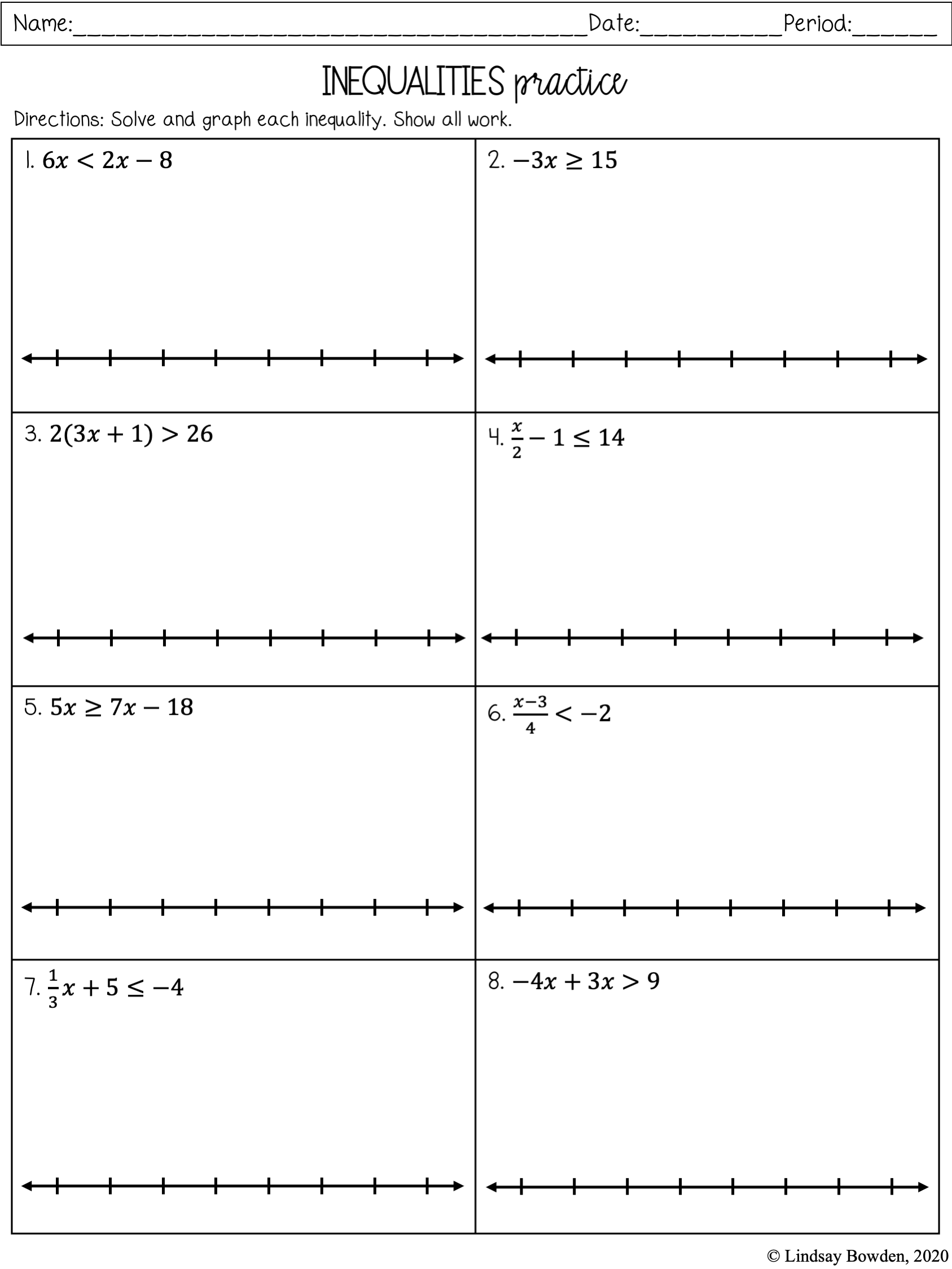 One Variable Inequalities Notes and Worksheets - Lindsay Bowden