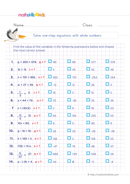 one step variable equations worksheet