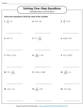 Algebraic Equations (Single Step) - Worksheets