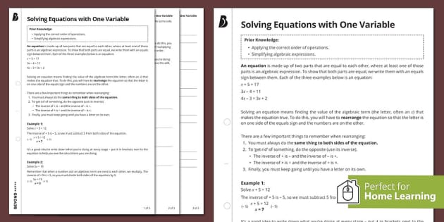? Solving Equations with One Variable KS3 Walkthrough Worksheet