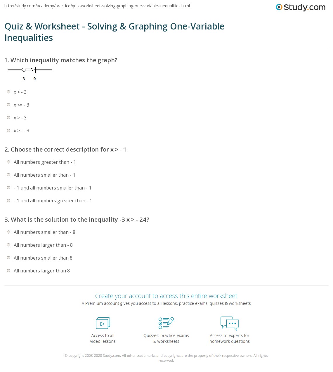 Quiz &  Worksheet - Solving &  Graphing One-Variable Inequalities ...