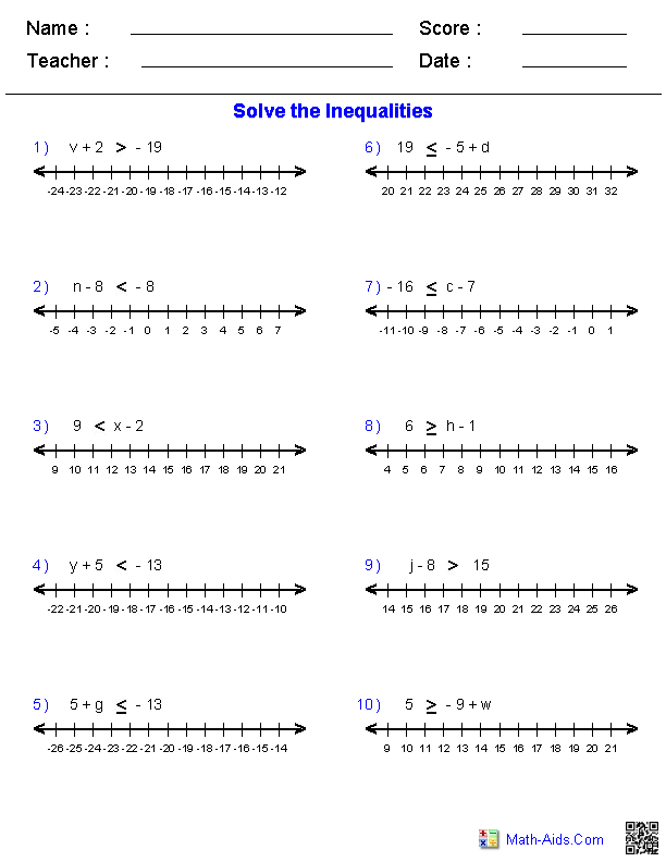 Pre-Algebra Worksheets | Inequalities Worksheets