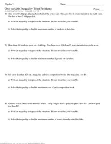 One-Variable Inequality Word Problems Worksheet for 7th - 9th ...