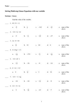 Solving Multi-step Linear Equations (one variable) Test Bank ...