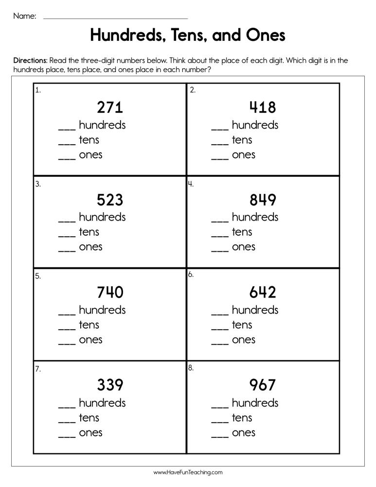 ones tens hundreds worksheet