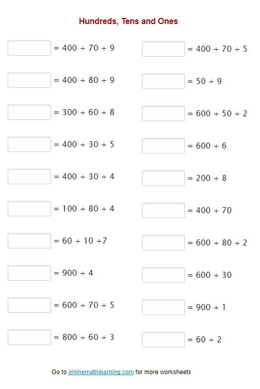 ones tens hundreds worksheet