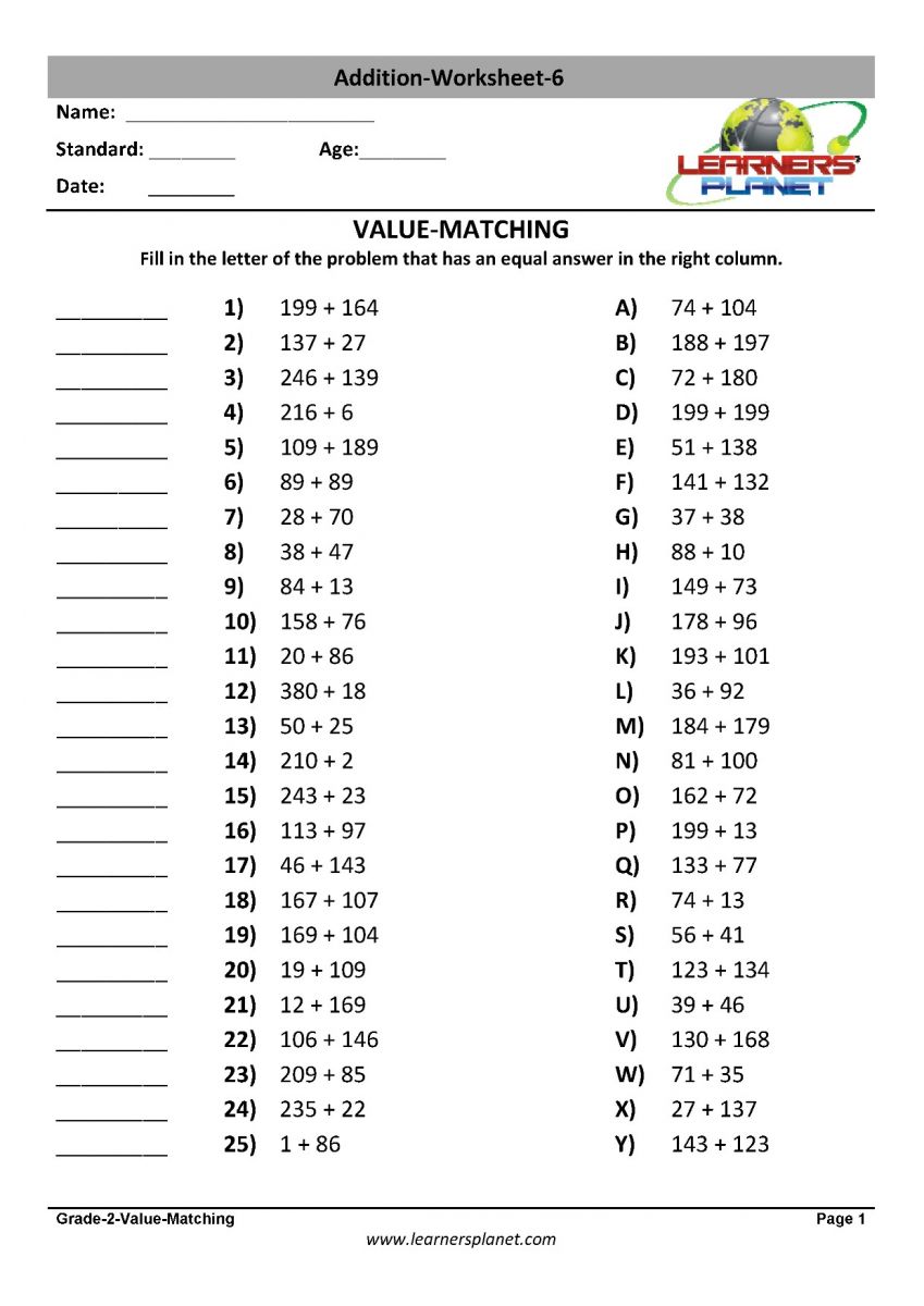 online addition worksheet for grade 2