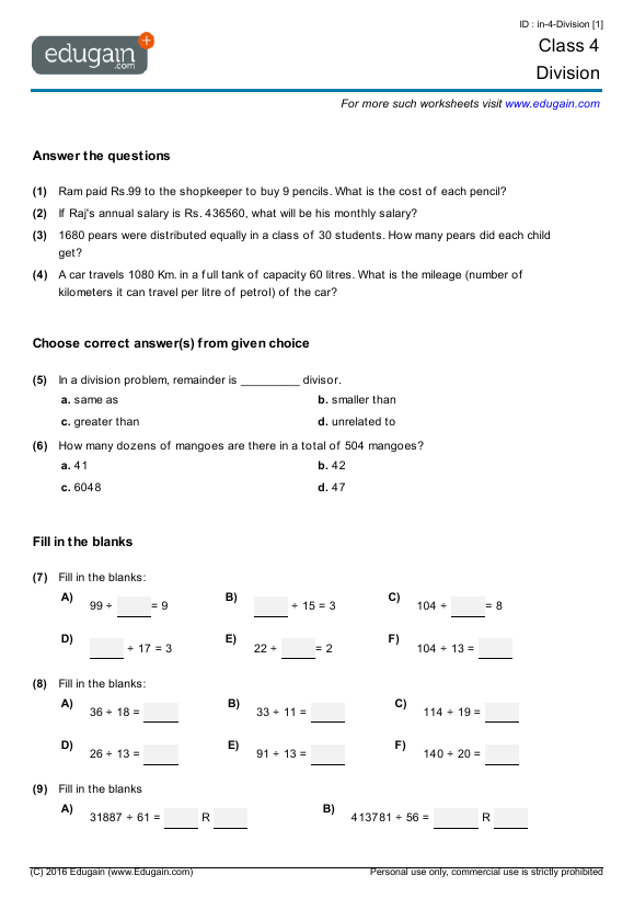 Grade 4 - Division | Math Practice, Questions, Tests, Worksheets ...