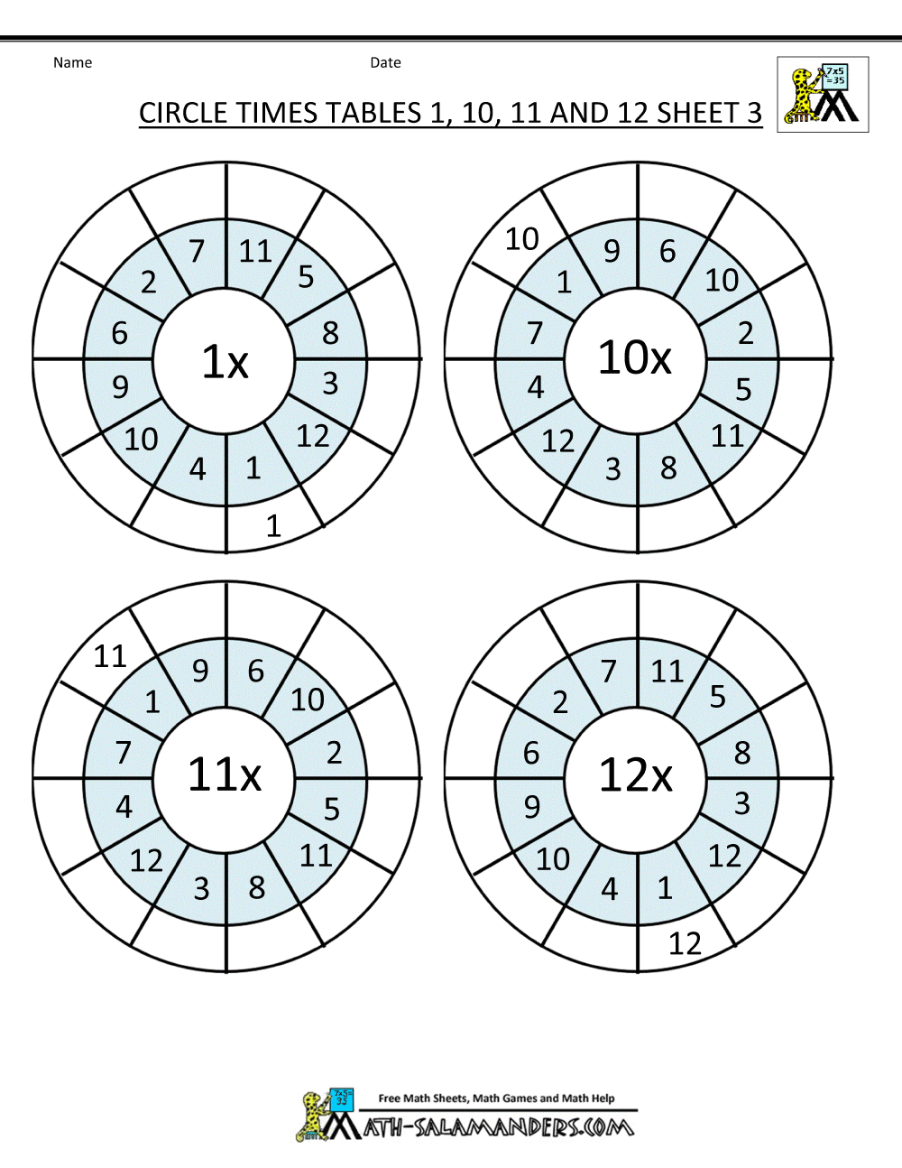 Times Table Worksheet Circles 1 to 12 Times Tables