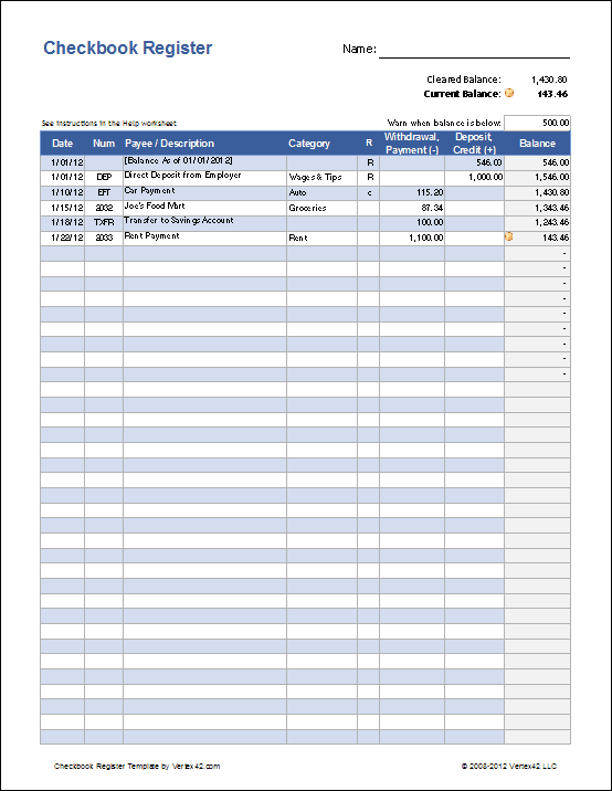 online printable check register