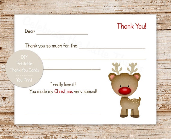 PRINTABLE christmas thank you cards for kids . rudolph inspired, red nosed  reindeer fill in the blank thank you . Instant Download