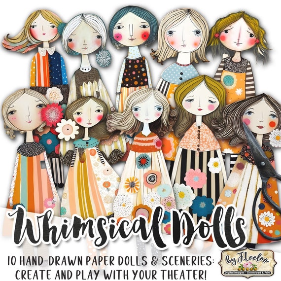 Buy WHIMSICAL PAPER DOLLS and Sceneries Printable Kit Junk Journal ...