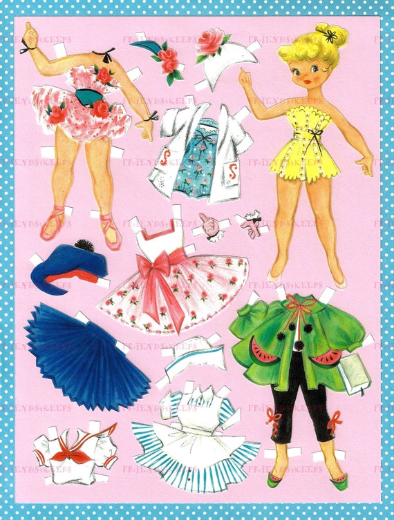Printable VINTAGE ADAPTATION of 1950s Paper Doll Instant Digital Download  300 &  600 dpi--Lovely Fashions!--Ideal for Play and Party Favor!