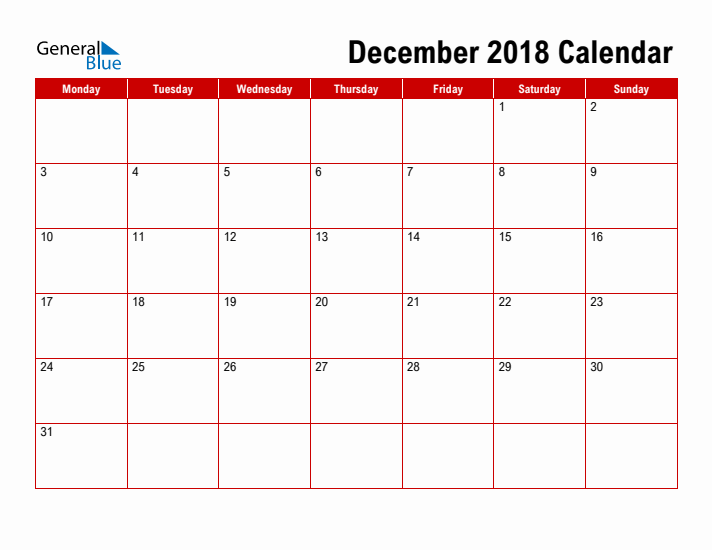 December 2018 Monday Start Calendar (PDF, Excel, Word)