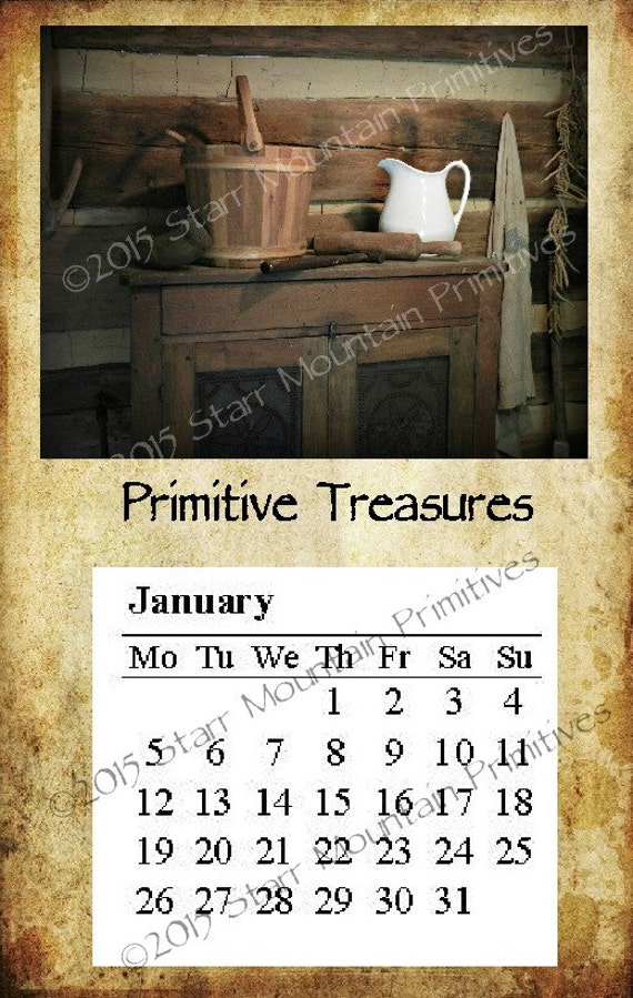 Primitive Vintage 2018 Printable Calendar Kit Primitive Treasures Pie Safe  Pitcher Bucket add a Magnet use on Fridge Filing Cabinet Etc.