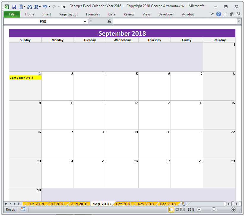 2018 Calendar Year in Excel Spreadsheet - Printable - Digital ...