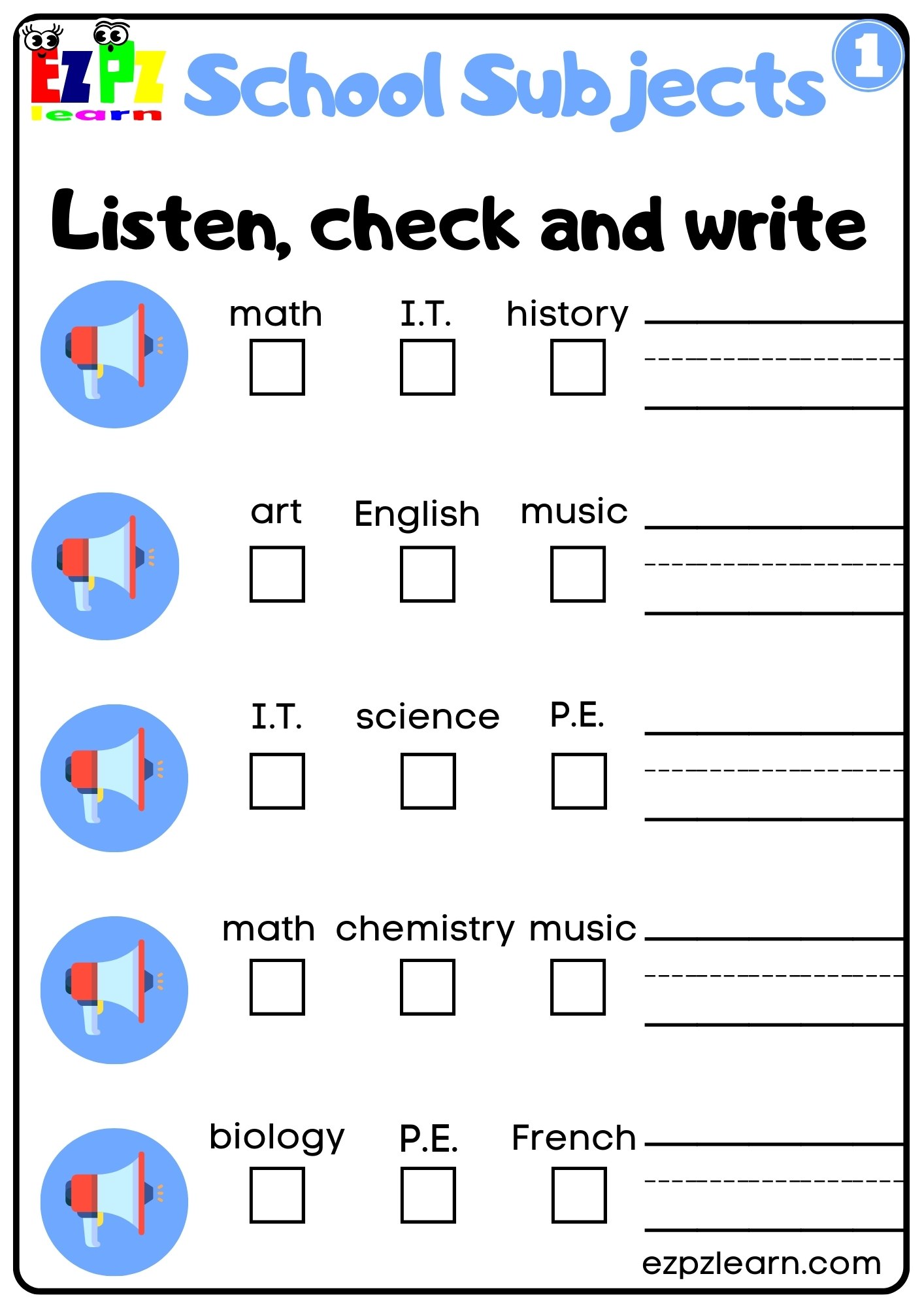 School Subjects Interactive Worksheet Listen, Check and Write the ...