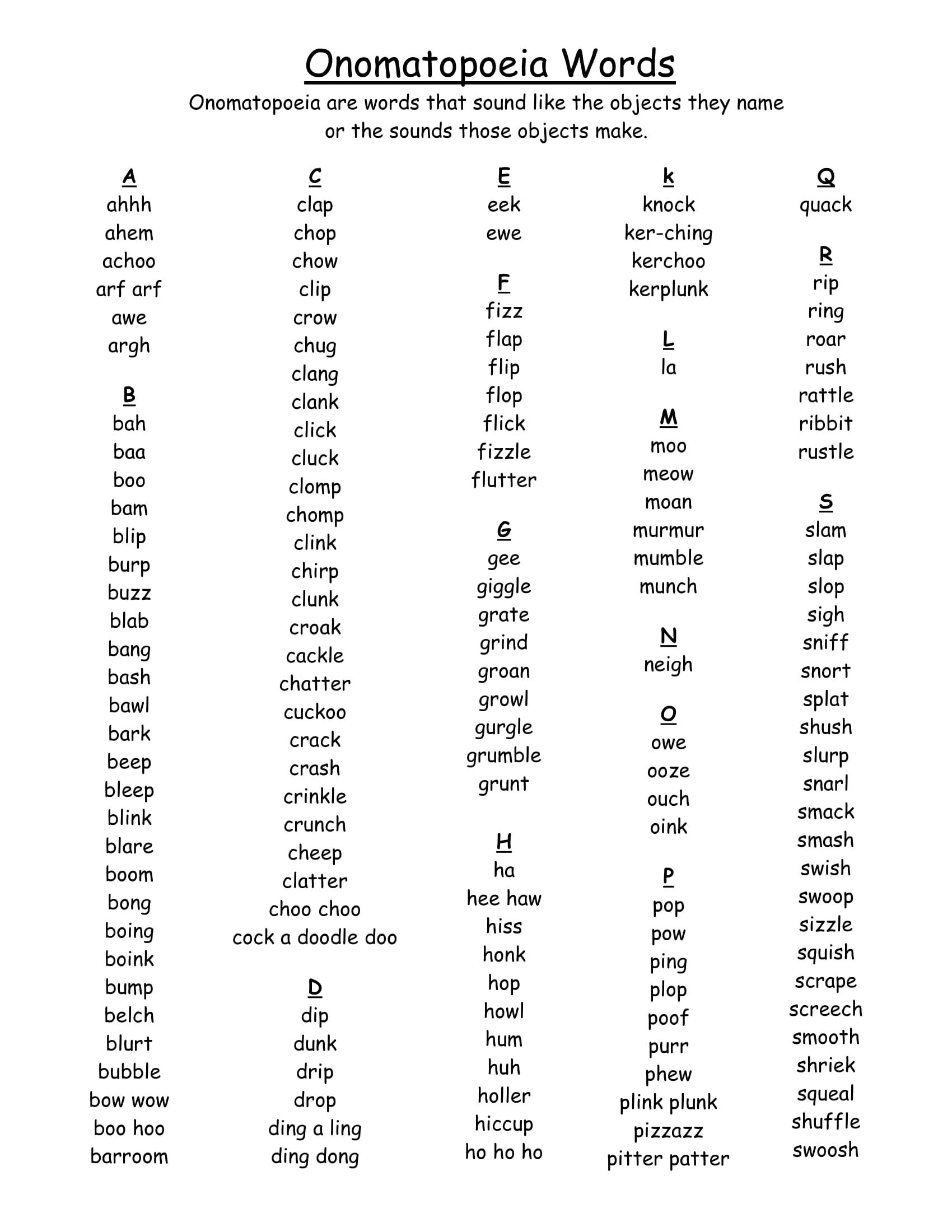 onomatopoeia word list printable