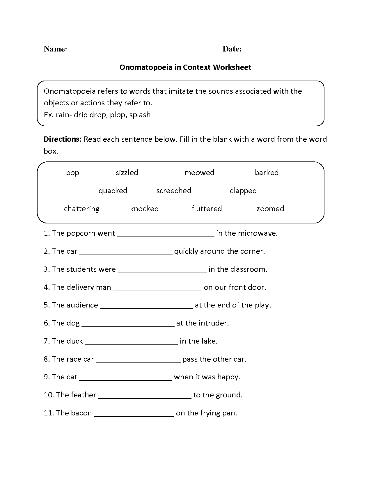 onomatopoeia worksheet test