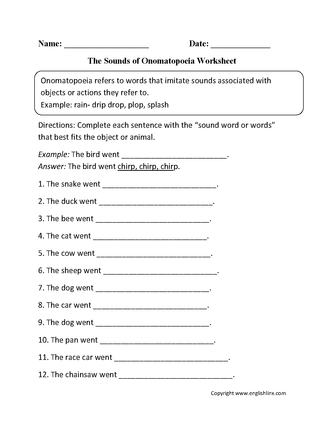 onomatopoeia worksheet third grade