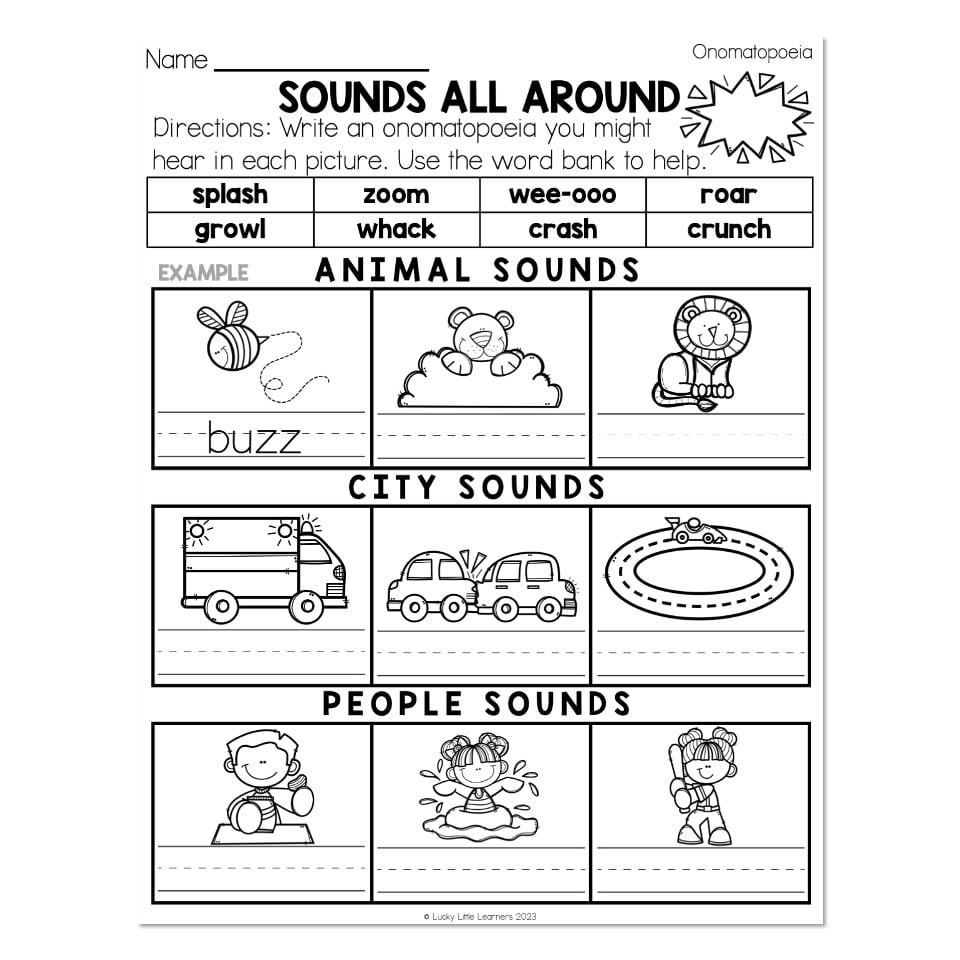 Grammar Worksheets - Onomatopoeia - Sounds All Around
