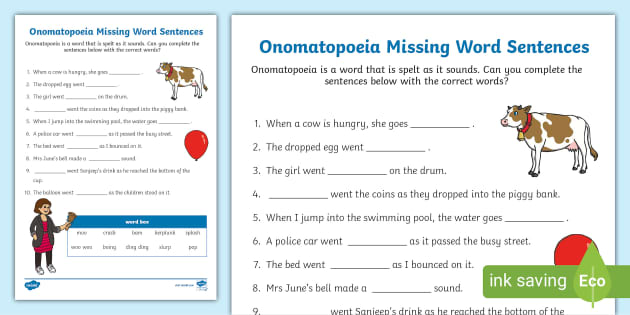 Onomatopoeia Missing Word Sentences Activity (Teacher-Made)