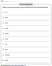 onomatopoeia worksheet third grade