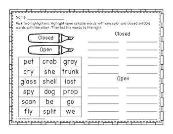 open and closed syllables worksheet 2nd grade
