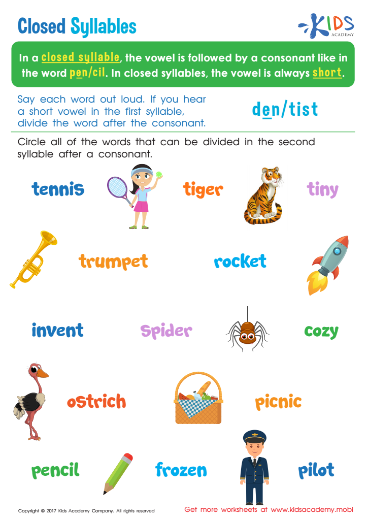 open or closed syllable worksheet