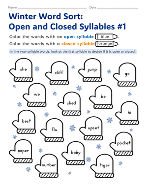 Winter Word Sort: Open and Closed Syllables #1 | Worksheet ...
